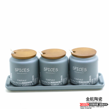 Home kitchen with ceramic material preparation jar set of three salt jars spice jar with spoon with cover design