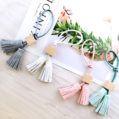 PU leather wood bead double head sequined tassel pendant diy accessories bag mobile phone accessories key chain pendant