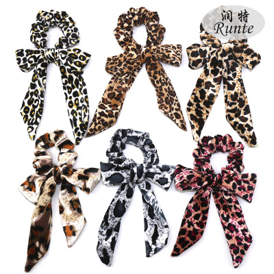 Cross - border hot style leopard - print bow ribbon dovetail ring American hair ornaments Korean flannelette art leopard - print large intestine dovetail ring