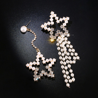Korean web celebrity asymmetrical pearl five pointed star tassel - long earrings female move earrings exaggerated earrings