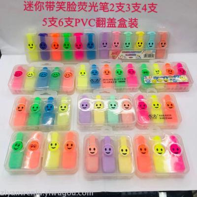 Mini cute smile highlighter with plastic box gift pens 2 3 4 5 6