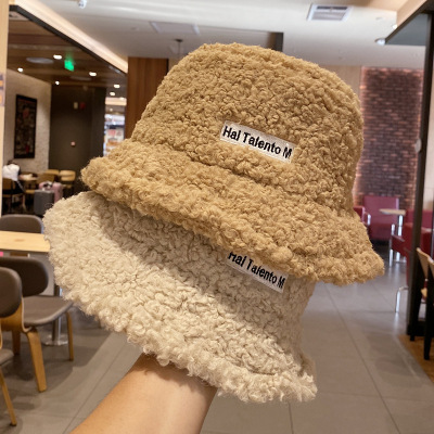 The Hats female ins lamb dovetail alphabet embroidery fisherman hat of autumn winter various matching solid color thermal plush basin hat lovers