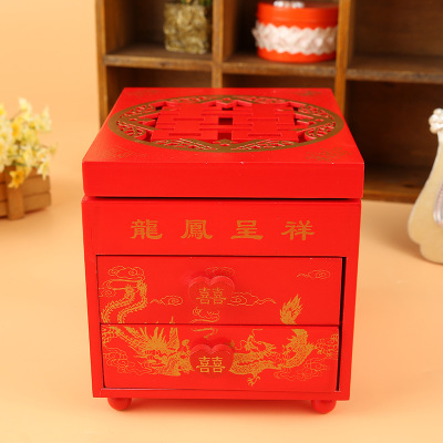 Exquisite Handmade Wooden Jewelry Box Prosperity Brought by the Dragon and the Phoenix Printing Festive Jewelry Box Three-Layer Jewelry Storage Box