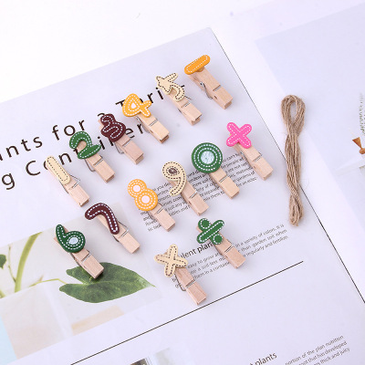 Creative 14-Piece Digital Photo Wooden Clip 26 English Letters Message Clip Ornaments with Hemp Rope