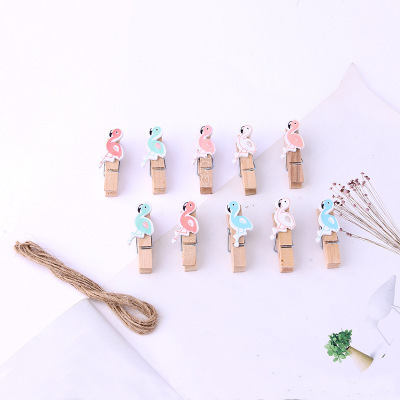 Creative 10 Pack New Flamingo Photo Wooden Clip Cactus Cute Shape Message Clip Ornaments with Hemp Rope