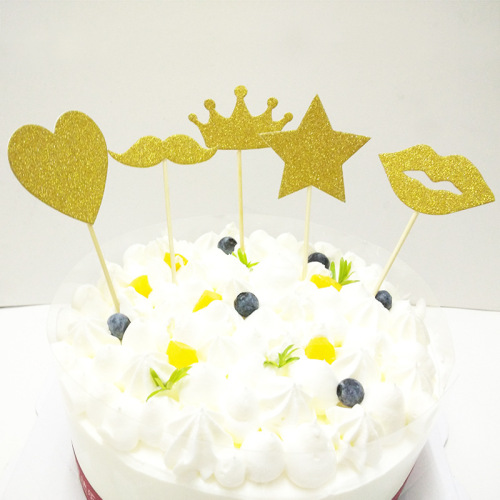 holiday party supplies factory direct sales glitter gold and silver color cake beard card love heart inserts lips decorative flag