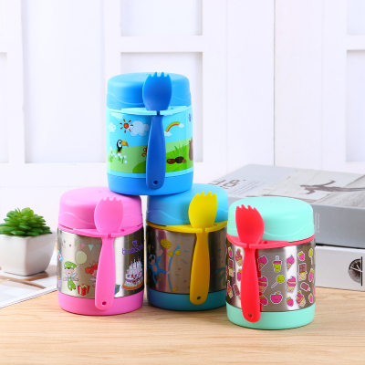 Meichen Cup Industry Spot Supply with Plastic Spoon Design Double Layer Korean Style Hot Selling Thermos Cup Insulation Soup Jar