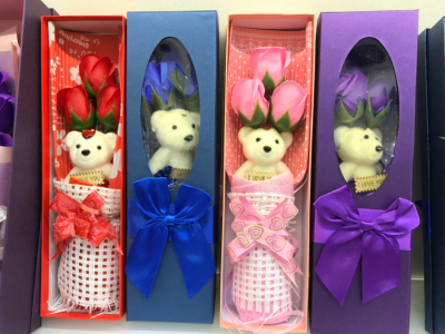 Small Gift Box 3 Flowers Soap Rose + Bear