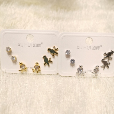 S925 silver needle six one-card bird earring world copper plated gold set 4A zircon personality simple earring female