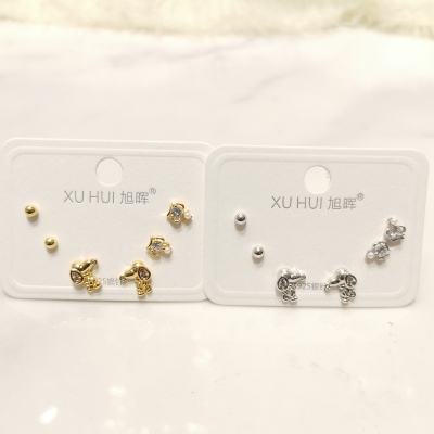 S925 silver needle six one card snoopy earring copper plated gold set 4A zircon personality simple earring female