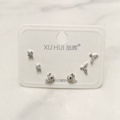 S925 silver needle six one-card small whale earring copper plated gold set 4A zircon individual simple earring female