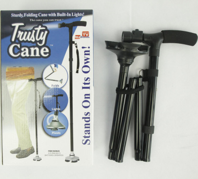 Cross-border TV trusty cane with lamp folding four-cornered feet non-slip crutches straight handle outdoor hiking poles