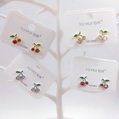 S925 silver needle colored cherry  earring copper plated genuine gold set 4A zircon simple fashion high quality jewelry