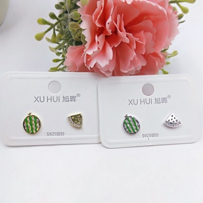 Yiwu S925 silver-needle watermelon earring copper plated genuine gold set 4A zircon simple fashion high quality jewelry
