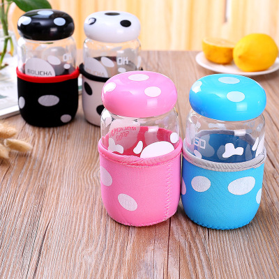Creative mushroom cup glass with lovely anti-hot protective cover