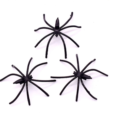 A new plastic replica of A black spider toy mocks an April fool's Halloween toy