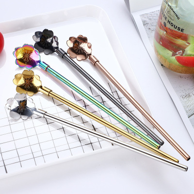 Amazon New 304 Stainless Steel Straw Spoon Colorful Flower Straw Spoon Milk Tea and Coffee Cocktail Straw