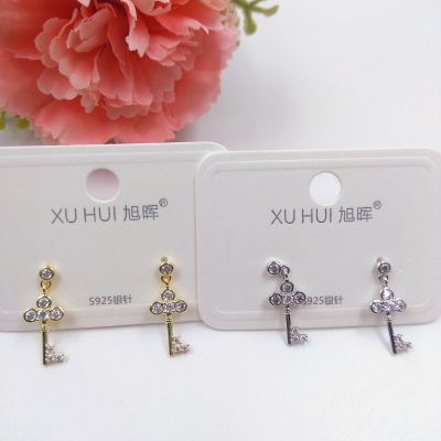 S925 silver needle key stud copper plated gold set 4A zircon simple fashion high quality accessories