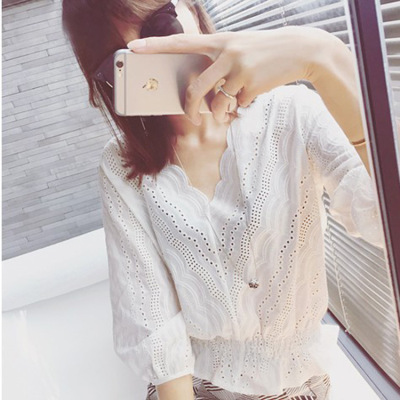 Spring edition wave V collar white hook lace blouse hollow out waist seven-minute sleeve lace unlined upper garment female