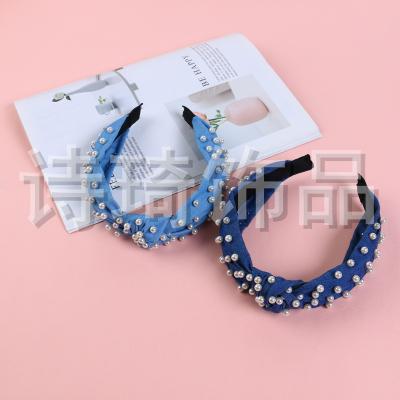 Multi-Color Large Particle Pearl Decorative Cloth Knotted Hair Hoop All-Match Retro Temperament Artistic Style Hair-Hoop Headband