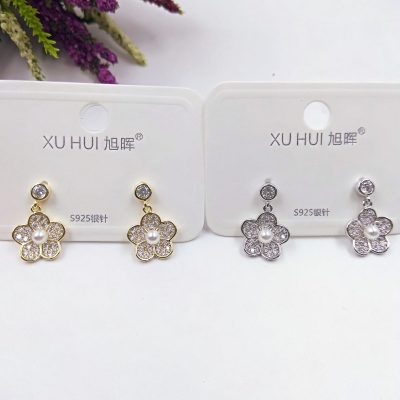 S925 silver needle flower earring copper plated genuine gold set 4A zircon simple fashion high quality accessories