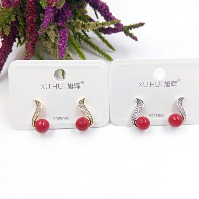 S925 silver needle red garnet pearl earring copper plated genuine gold set 4A zircon simple fashion high quality jewelry