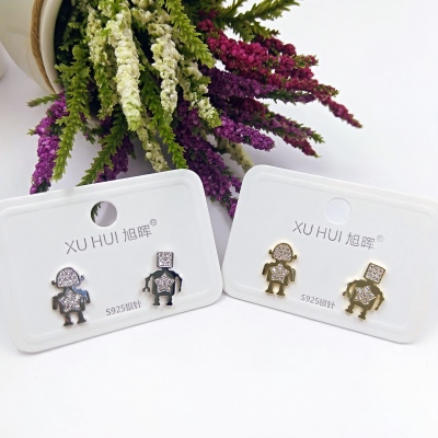 S925 silver needle robot small earring copper plated gold set 4A zircon simple fashion high quality accessories