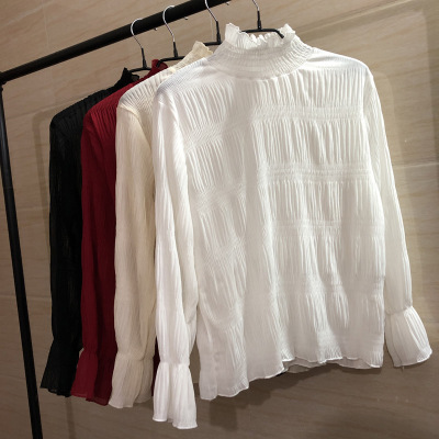 [live/wechat business exclusive] factory direct sale of new women's spring 2020 stand collar 100% pleated pure color chiffon