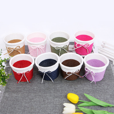 Creative hand-woven plastic round cup flower basket flowerpot simulation flower intercalator tabletop decoration in living room