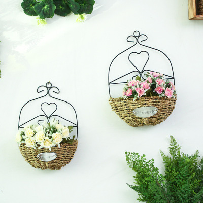 Idyllic country wicker plait dry flower basket mattress in sitting room porch metope individual character adornment clothing store originality wall is hanged