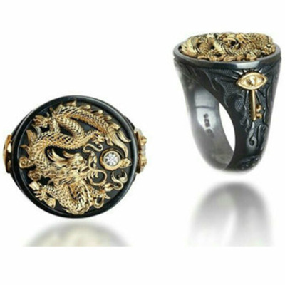 Rongyu Wish Cross-Border Hot Sale Men's Gold-Plated Two-Color Ring Domineering Creative Chinese Dragon Bright Black Gold Hand Ornament