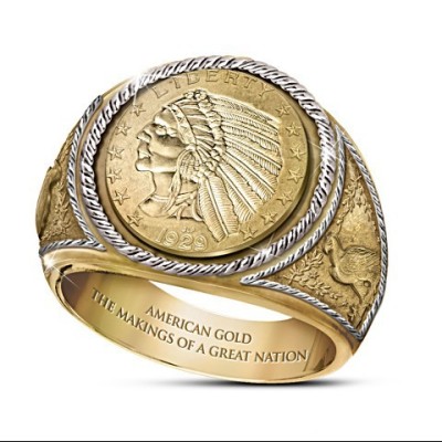 Rongyu American Commemorative Silver Coin Indian Ring European and American 24K Gold-Plated Two-Color Carved Eagle Men's Ring