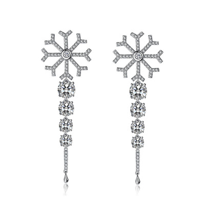 Rongyu Korean Style Long Snowflake Fringed Zircon Diamond Water Drop Earrings European And American Fashion Christmas Eardrop Jewelry