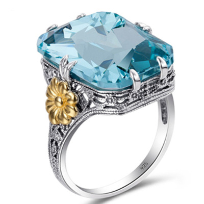 Rongyu Wish New Hot-Selling 925 Thai Silver Plated Two-Tone Flower Ring European American High-End Sea Blue Topaz Ring