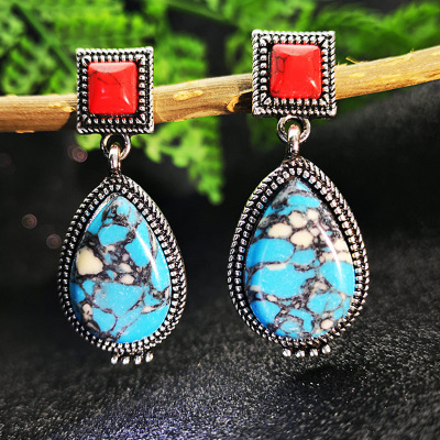 Rongyu Wish Hot Sale Inlaid Red Flower Blue Turquoise Water Drop Pear-Shaped Earrings European and American Retro Plated 925 Silver Earrings