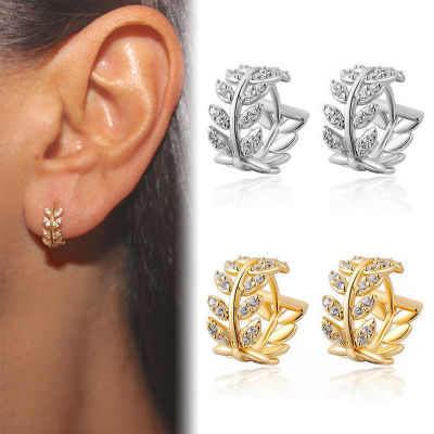 Rongyu EBay Hot Sale Leaf Shaped Rhinestone Earrings European and American Copper Inlaid Crystal Zircon Ear Clip Earring Ear Rings