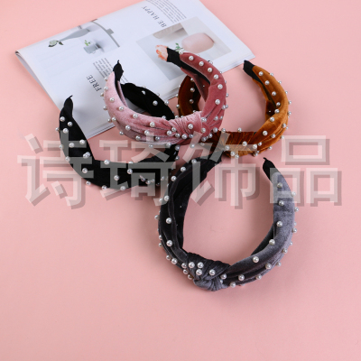 Large Particles Imitation Pearl Decorative Cloth Knot in the Middle Headband All-Match Retro Temperament Artistic Style Hair-Hoop Headband