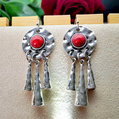 Rongyu European and American-Style Vintage Thai Silver Red Turquoise Earrings Fashion Creative Long Aeolian Bell Court Ear Pendant Women