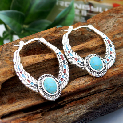 Rongyu Wish Hot Sale New European and American Luxury Inlaid Turquoise Eagle Feather Earrings Party Wedding Banquet Earrings