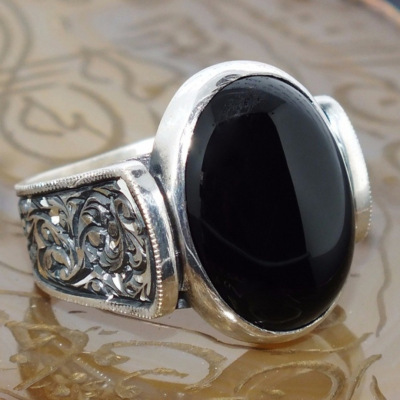 Rongyu European and American Retro Court Black Agate Creative Ring Japanese and Korean-Style Plated 925 Vintage Varved Jewelry Wholesale