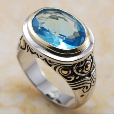 Rong Yu Plated 925 Vintage Thai Silver Color Separation Sea Blue Crystal Ring Creative Inhibiting Magic Phrase Ring Love You for Ten Thousand Years