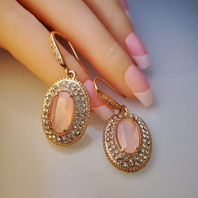 Rongyu Korean version of temperament gold - plated set diamond, pink diamond earrings European and American women fashion party exaggerated zircon earrings