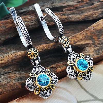 Rong Yu Wish Popular European and American Diamond Set Hailanbao Court Ear Pendant Plated 925 Ancient Silver 18K Gold Color Separation Earrings