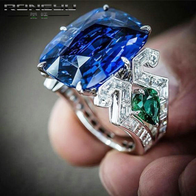 Rongyu EBay Hot Sale Inlaid Topaz Blue Goose Egg Stone Ring European and American Emerald Water Drop Pear-Shaped Ring