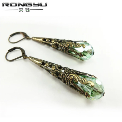 Rongyu Wish Hot Sale New Long Eardrop Jewelry Flower Vintage Luxury Green Austrian Crystal Earrings