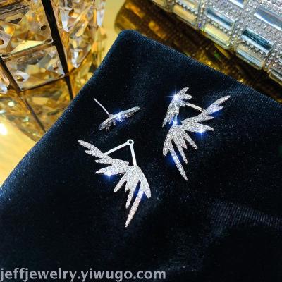 Front and Rear Full Diamond Feather Earrings Sterling Silver Needle Exaggerated Internet Famous Elegant Earrings High-Grade Big Brand Earrings