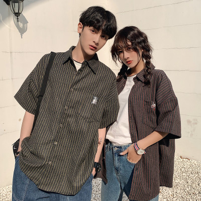 Cross - boundary for Hong Kong style striped short - sleeved shirts men 's and women' s vintage pocket shirts ins student matching shirts