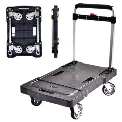 Flat car with built-in in wheel folding portable pull truck silent four-wheel small trolley family car plastic truck handling trailer