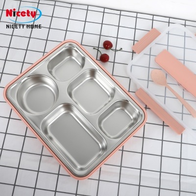 Creative Style 304 Plate Sealed 5-Grid Steel Plastic Lunch Box with Lid Stainless Steel Student Fast Food Box Gift