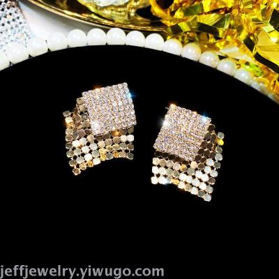 925 Silver Needle Affordable Luxury Wind Net Red Bright Diamond Square Earrings Suitable for round Face Earrings Korean Elegant Earrings for Women